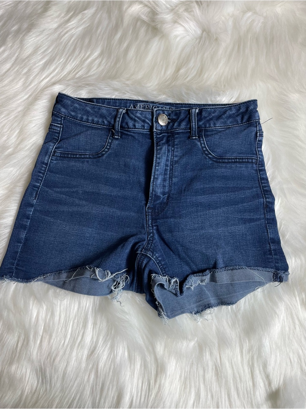 American Eagle Outfitters Dark Blue Denim Frayed Hem Shorts Super Stretch